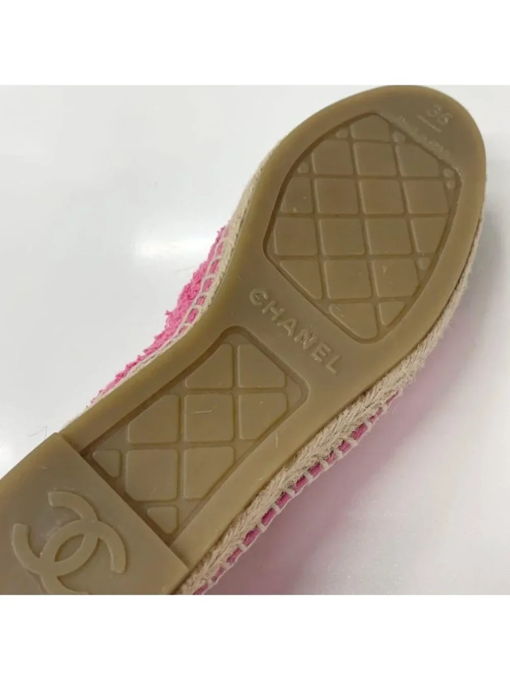 Chanel CC Logo Espadrilles Tweed Leather Flat Shoes Pink